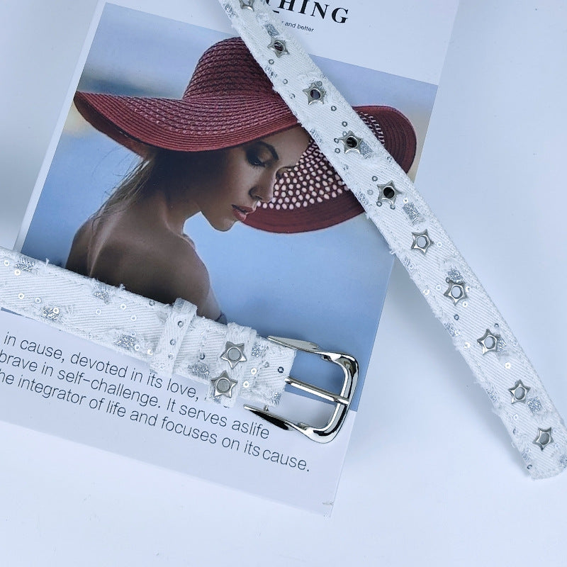 Women’s Denim Belt With Alloy Pin Buckle Featuring Sequins Detail