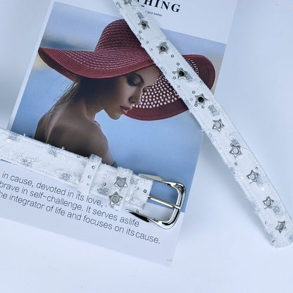 Women’s Denim Belt With Alloy Pin Buckle Featuring Sequins Detail