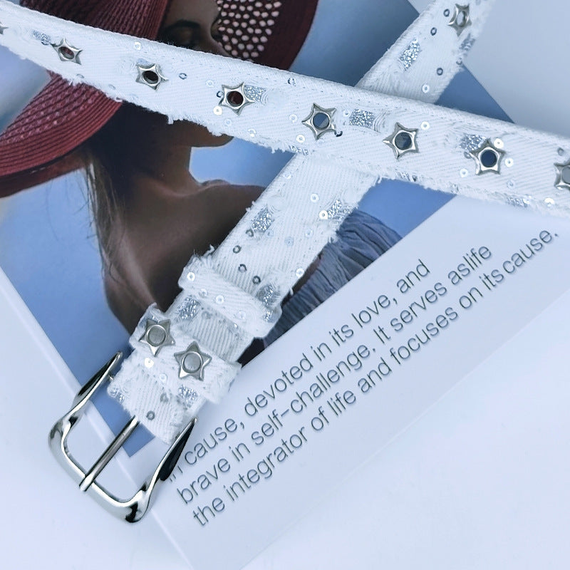 Women’s Denim Belt With Alloy Pin Buckle Featuring Sequins Detail