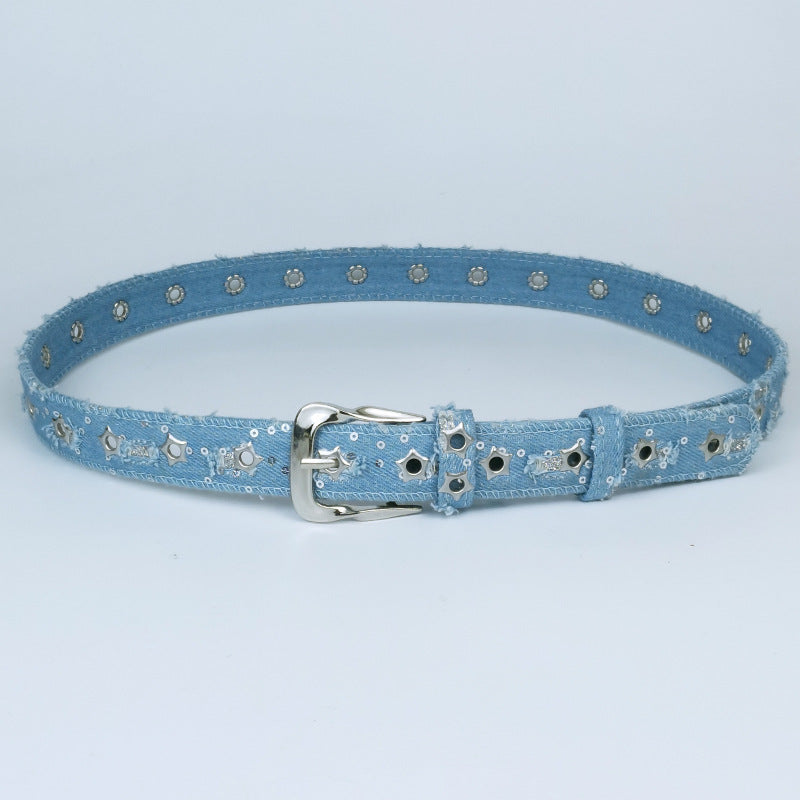 Women’s Denim Belt With Alloy Pin Buckle Featuring Sequins Detail