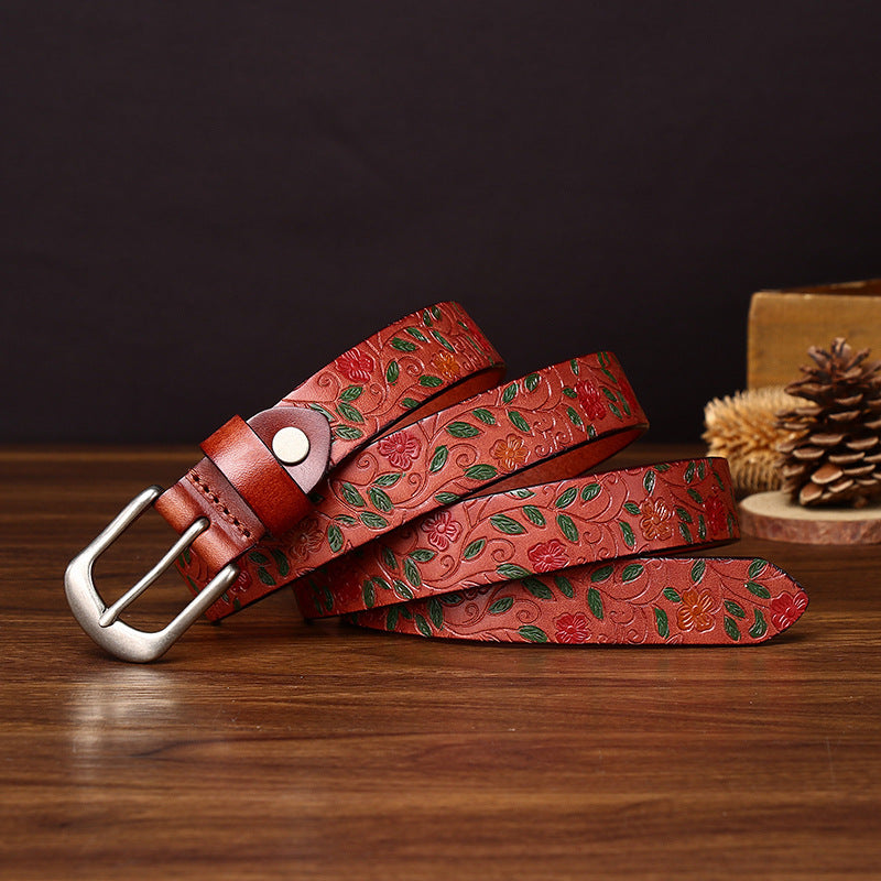 Retro Women’s Genuine Leather Belt With 3D Print Featuring Zinc Alloy Pin Buckle