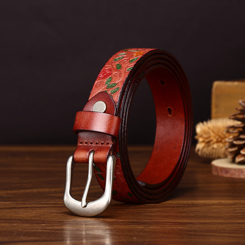 Retro Women’s Genuine Leather Belt With 3D Print Featuring Zinc Alloy Pin Buckle
