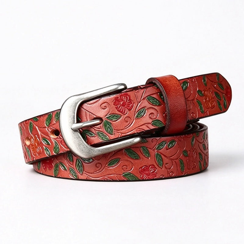 Retro Women’s Genuine Leather Belt With 3D Print Featuring Zinc Alloy Pin Buckle