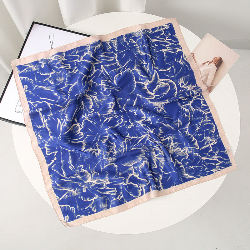 Petal Pattern Silk Scarf Made Of Polyester In Blue, Perfect For Autumn