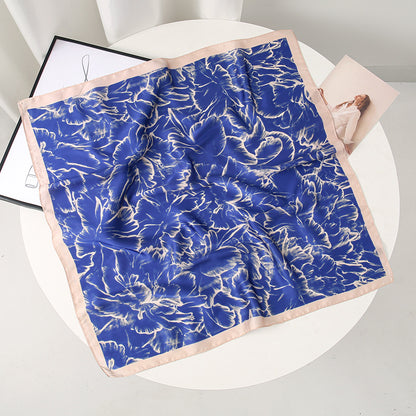Petal Pattern Silk Scarf Made Of Polyester In Blue, Perfect For Autumn