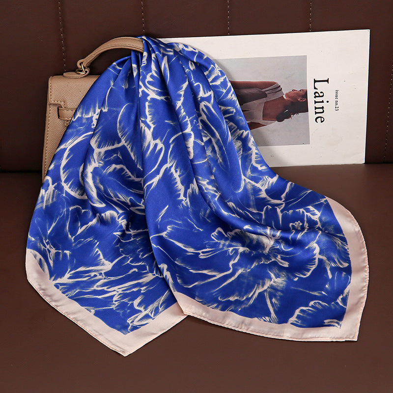 Petal Pattern Silk Scarf Made Of Polyester In Blue, Perfect For Autumn