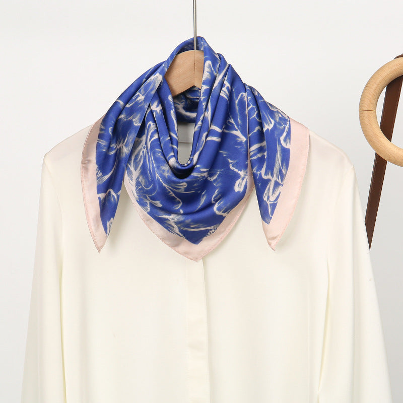 Petal Pattern Silk Scarf Made Of Polyester In Blue, Perfect For Autumn