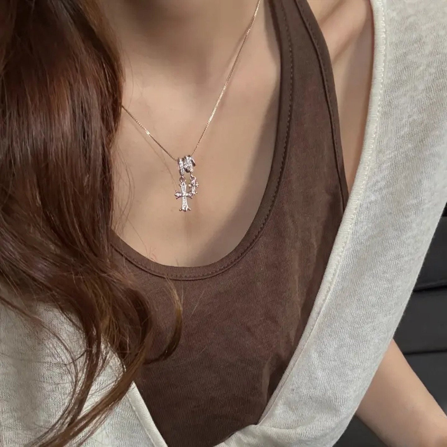 Classic Style Cross Necklace For Unisex, Copper Material With Electroplated Gold Plating And Cable Chain