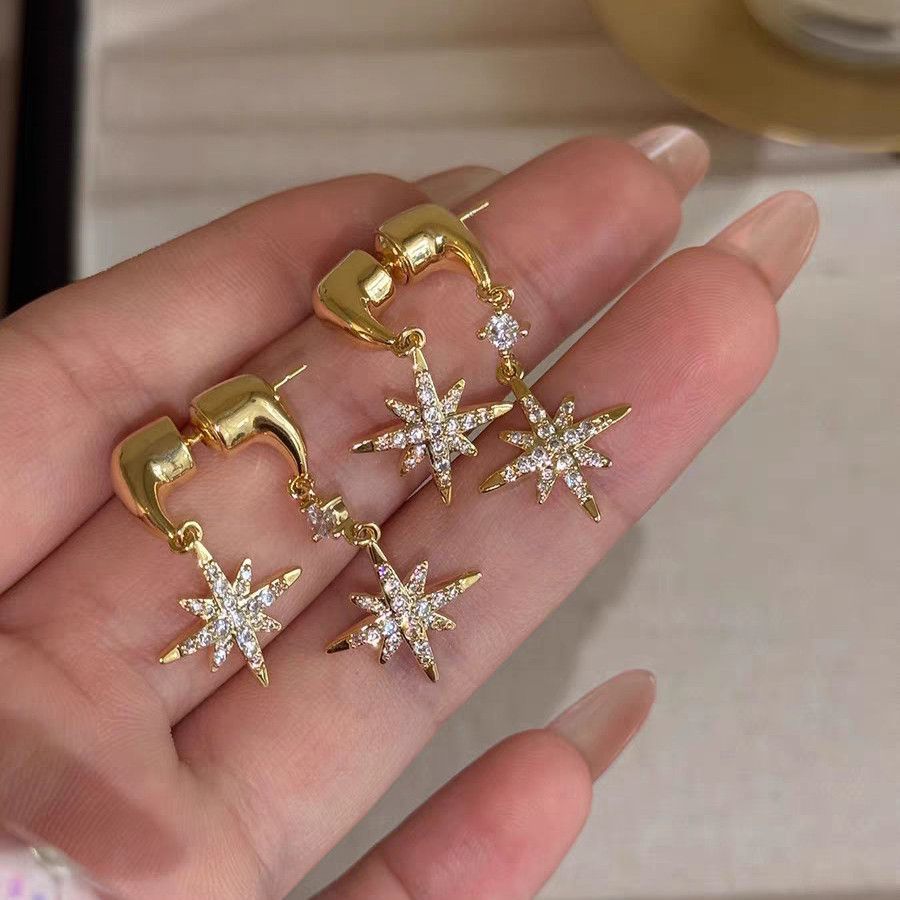 Rhombus Tassel Earrings For Women In Gold Alloy With Zircon Inlay Featuring Titanium Alloy Studs
