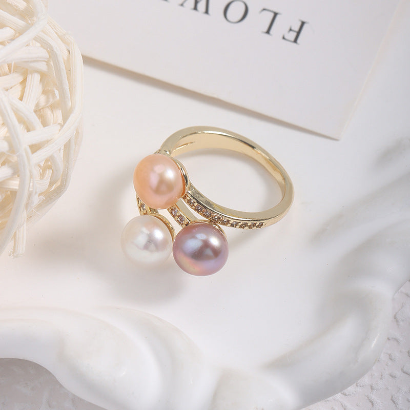 Simple Style Adjustable Ring With Natural White 7-8mm Button Freshwater Pearl And Copper Metal