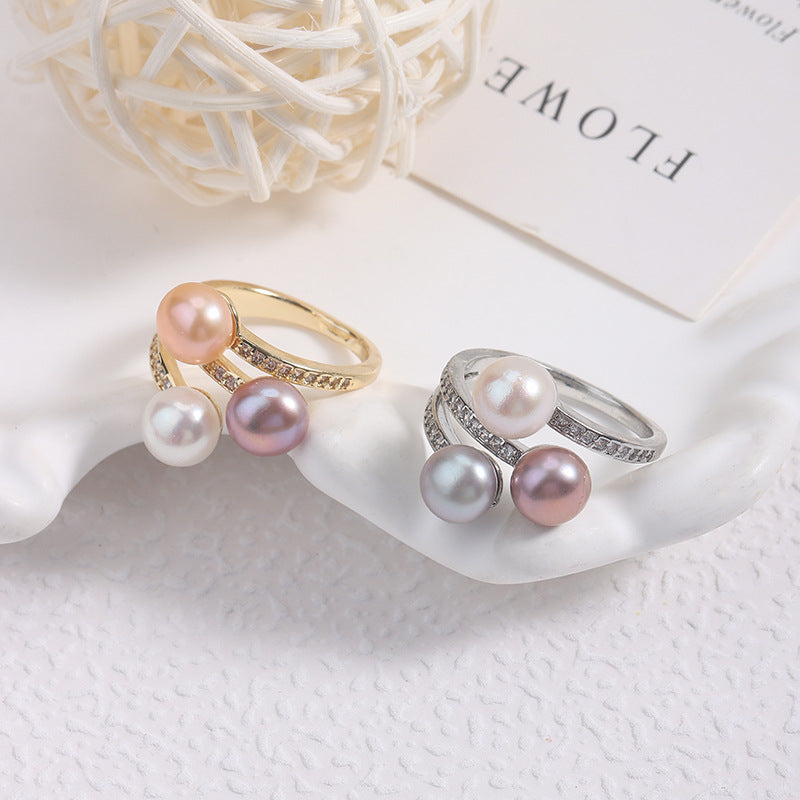Simple Style Adjustable Ring With Natural White 7-8mm Button Freshwater Pearl And Copper Metal