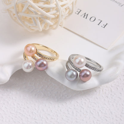 Simple Style Adjustable Ring With Natural White 7-8mm Button Freshwater Pearl And Copper Metal