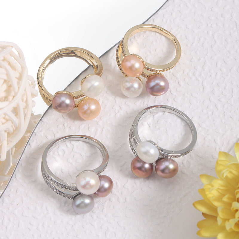 Simple Style Adjustable Ring With Natural White 7-8mm Button Freshwater Pearl And Copper Metal