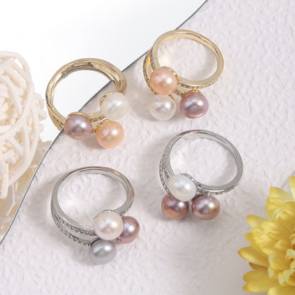 Simple Style Adjustable Ring With Natural White 7-8mm Button Freshwater Pearl And Copper Metal