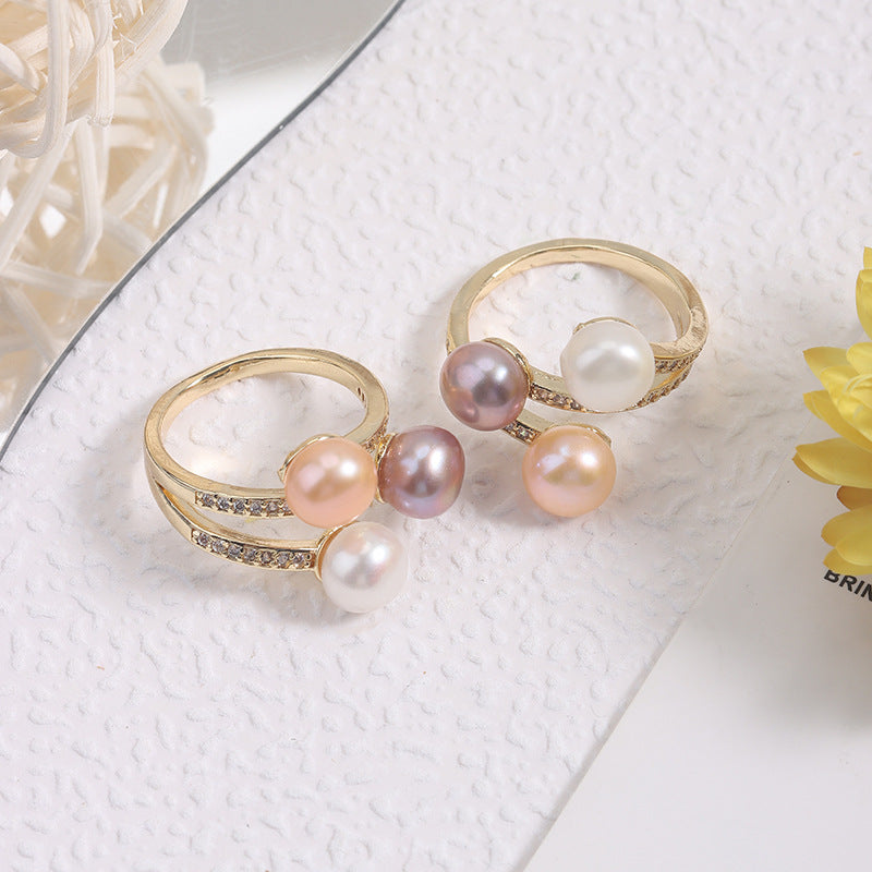 Simple Style Adjustable Ring With Natural White 7-8mm Button Freshwater Pearl And Copper Metal