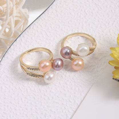 Simple Style Adjustable Ring With Natural White 7-8mm Button Freshwater Pearl And Copper Metal