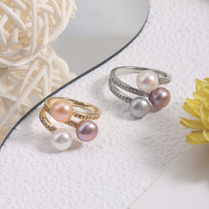 Simple Style Adjustable Ring With Natural White 7-8mm Button Freshwater Pearl And Copper Metal