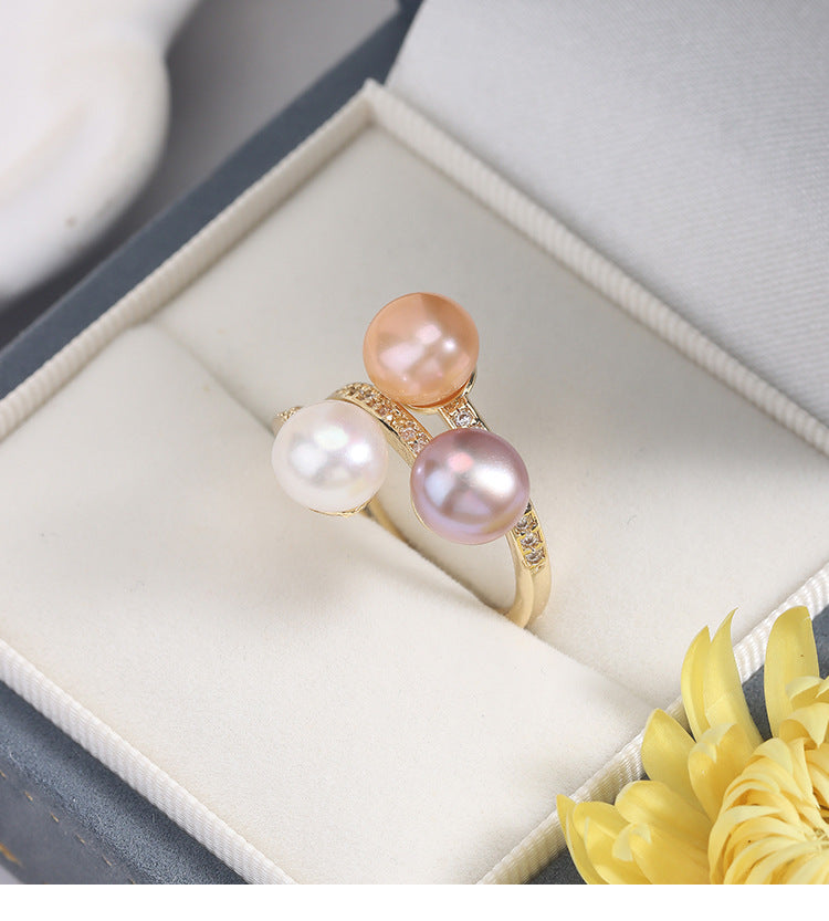 Simple Style Adjustable Ring With Natural White 7-8mm Button Freshwater Pearl And Copper Metal