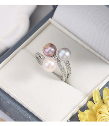 Simple Style Adjustable Ring With Natural White 7-8mm Button Freshwater Pearl And Copper Metal