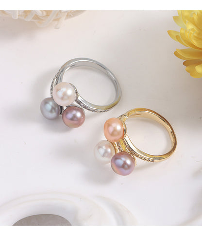 Simple Style Adjustable Ring With Natural White 7-8mm Button Freshwater Pearl And Copper Metal