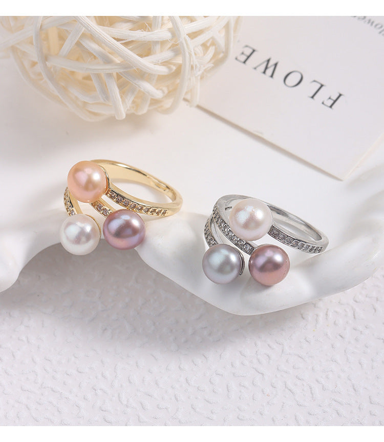 Simple Style Adjustable Ring With Natural White 7-8mm Button Freshwater Pearl And Copper Metal