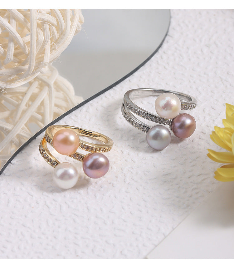 Simple Style Adjustable Ring With Natural White 7-8mm Button Freshwater Pearl And Copper Metal