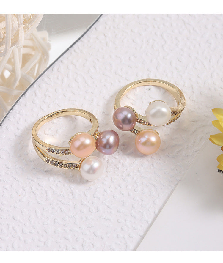 Simple Style Adjustable Ring With Natural White 7-8mm Button Freshwater Pearl And Copper Metal