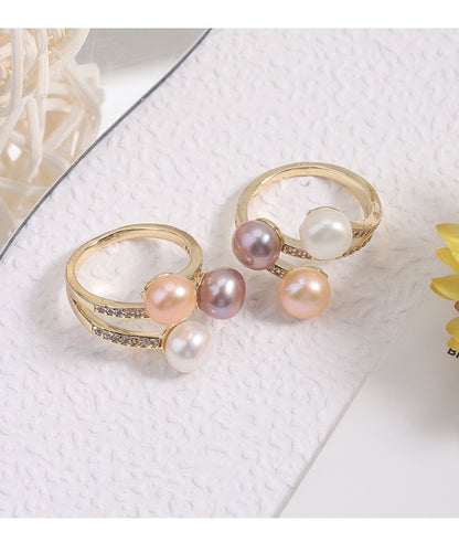 Simple Style Adjustable Ring With Natural White 7-8mm Button Freshwater Pearl And Copper Metal