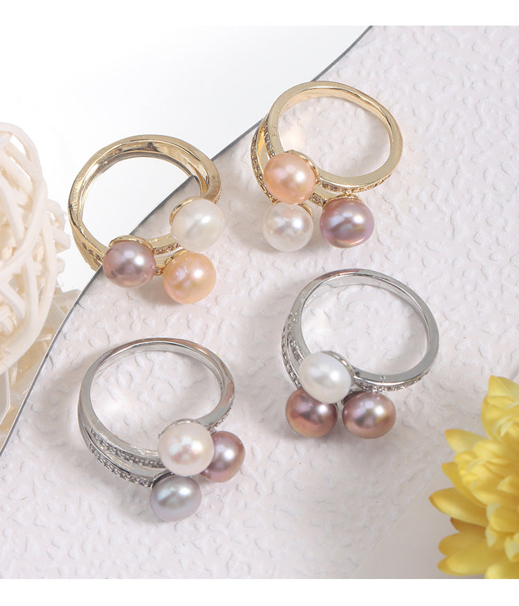 Simple Style Adjustable Ring With Natural White 7-8mm Button Freshwater Pearl And Copper Metal