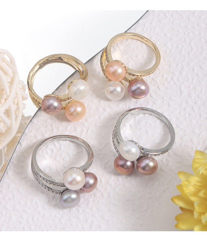Simple Style Adjustable Ring With Natural White 7-8mm Button Freshwater Pearl And Copper Metal