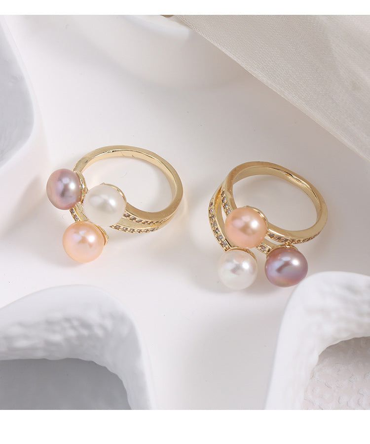 Simple Style Adjustable Ring With Natural White 7-8mm Button Freshwater Pearl And Copper Metal