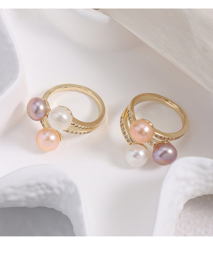 Simple Style Adjustable Ring With Natural White 7-8mm Button Freshwater Pearl And Copper Metal