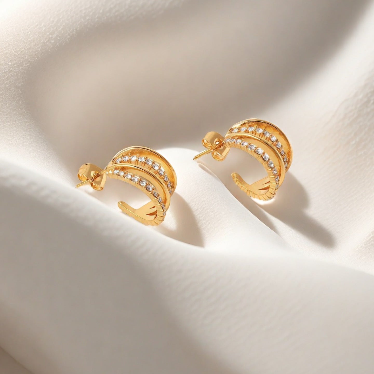 Simple Style C Shape Earrings For Women In Gold, Made With 304 Stainless Steel Featuring Zircon Inlay