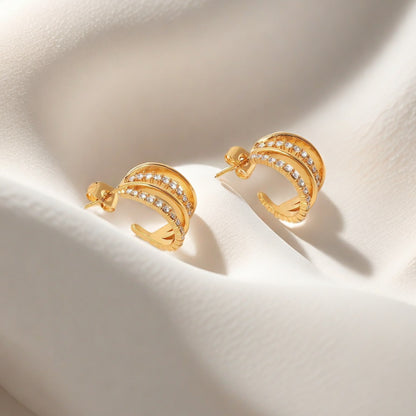 Simple Style C Shape Earrings For Women In Gold, Made With 304 Stainless Steel Featuring Zircon Inlay