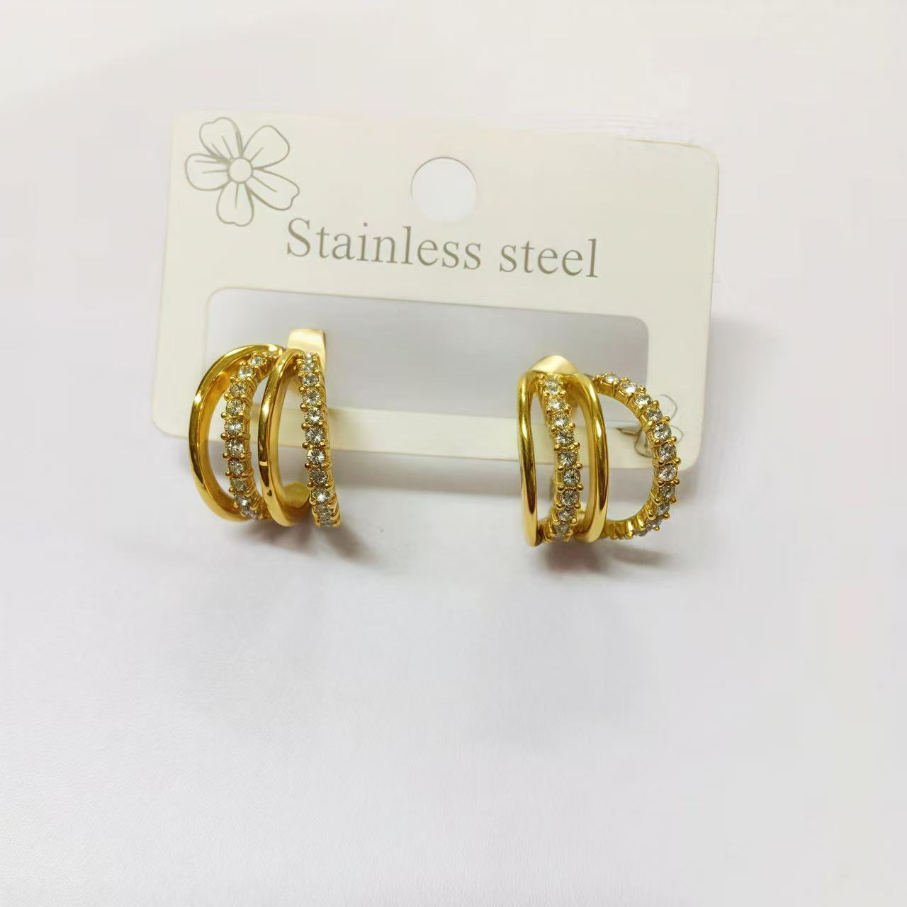 Simple Style C Shape Earrings For Women In Gold, Made With 304 Stainless Steel Featuring Zircon Inlay