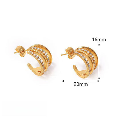 Simple Style C Shape Earrings For Women In Gold, Made With 304 Stainless Steel Featuring Zircon Inlay