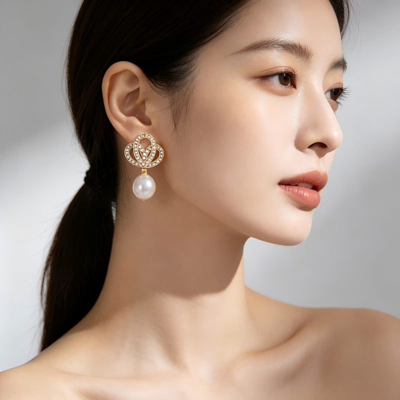 Heart Shape Gold Earrings With Imitation Pearl And Zircon, 304 Stainless Steel Studs For Women