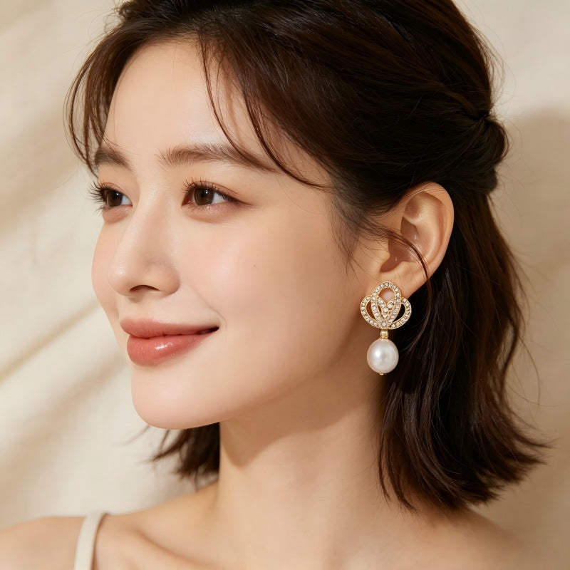 Heart Shape Gold Earrings With Imitation Pearl And Zircon, 304 Stainless Steel Studs For Women