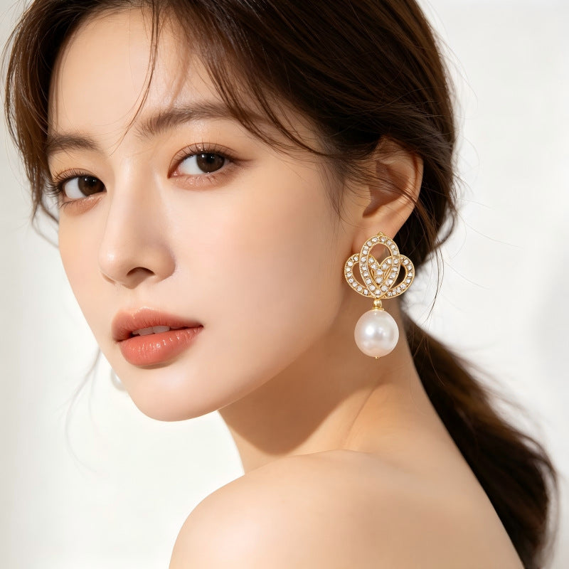 Heart Shape Gold Earrings With Imitation Pearl And Zircon, 304 Stainless Steel Studs For Women