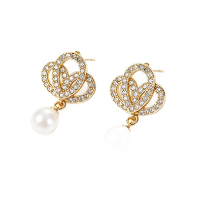 Heart Shape Gold Earrings With Imitation Pearl And Zircon, 304 Stainless Steel Studs For Women