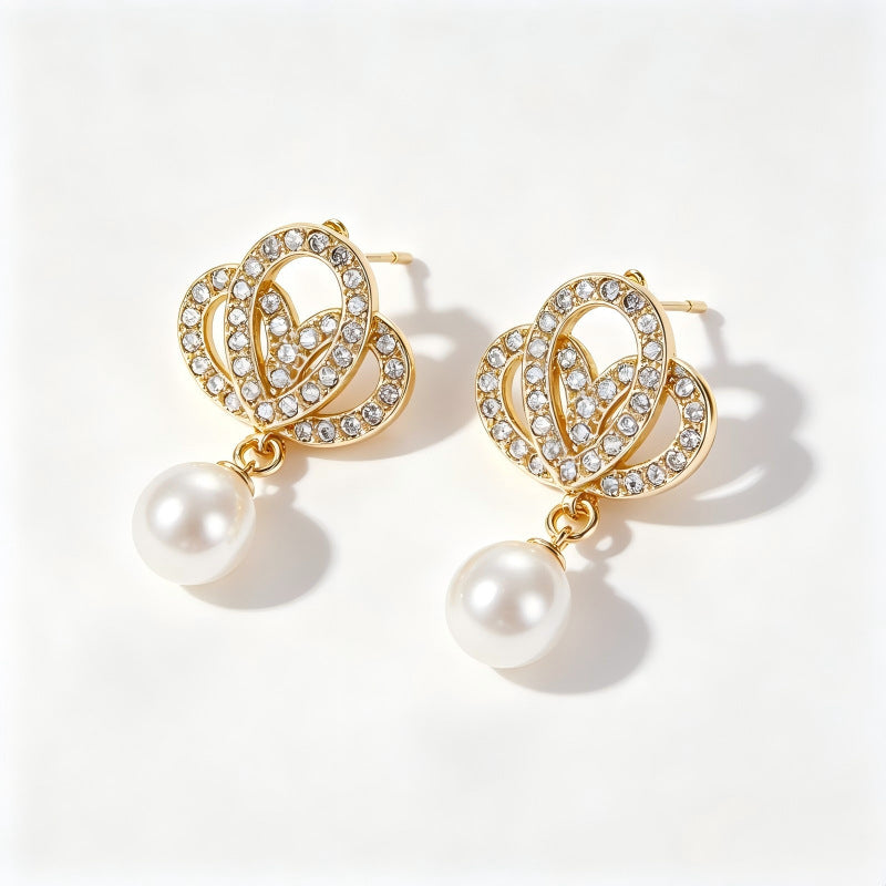 Heart Shape Gold Earrings With Imitation Pearl And Zircon, 304 Stainless Steel Studs For Women