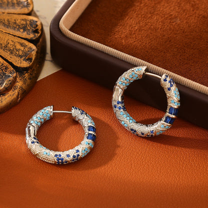 Retro Two Tone Color Block Hoop Earrings For Women In Copper With Zircon Inlay And 304 Stainless Steel Posts