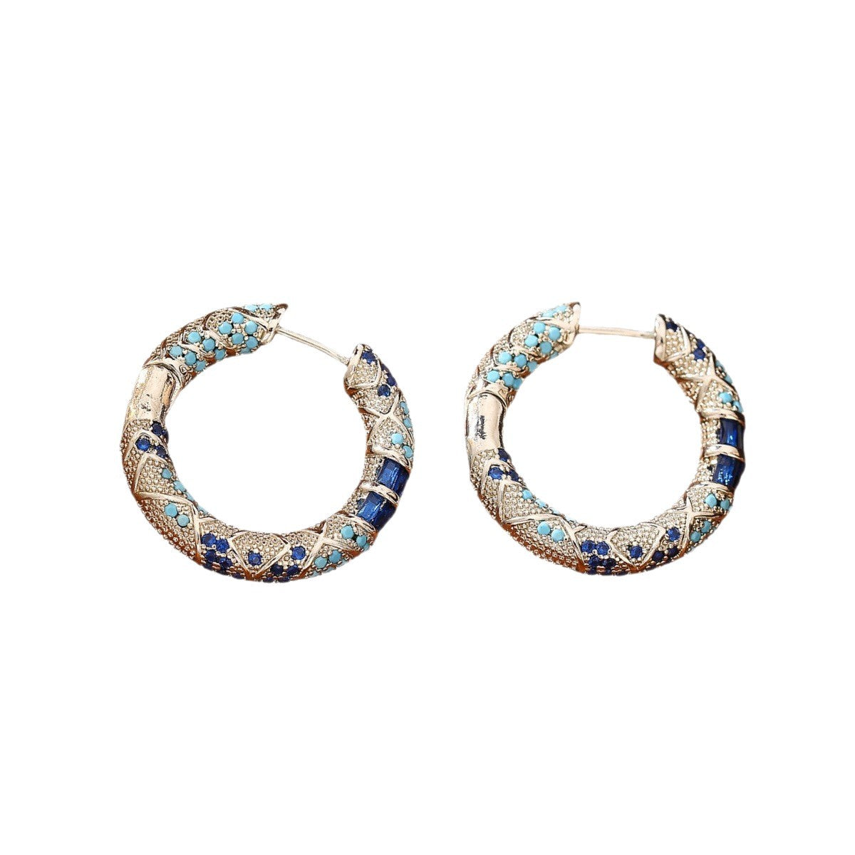 Retro Two Tone Color Block Hoop Earrings For Women In Copper With Zircon Inlay And 304 Stainless Steel Posts