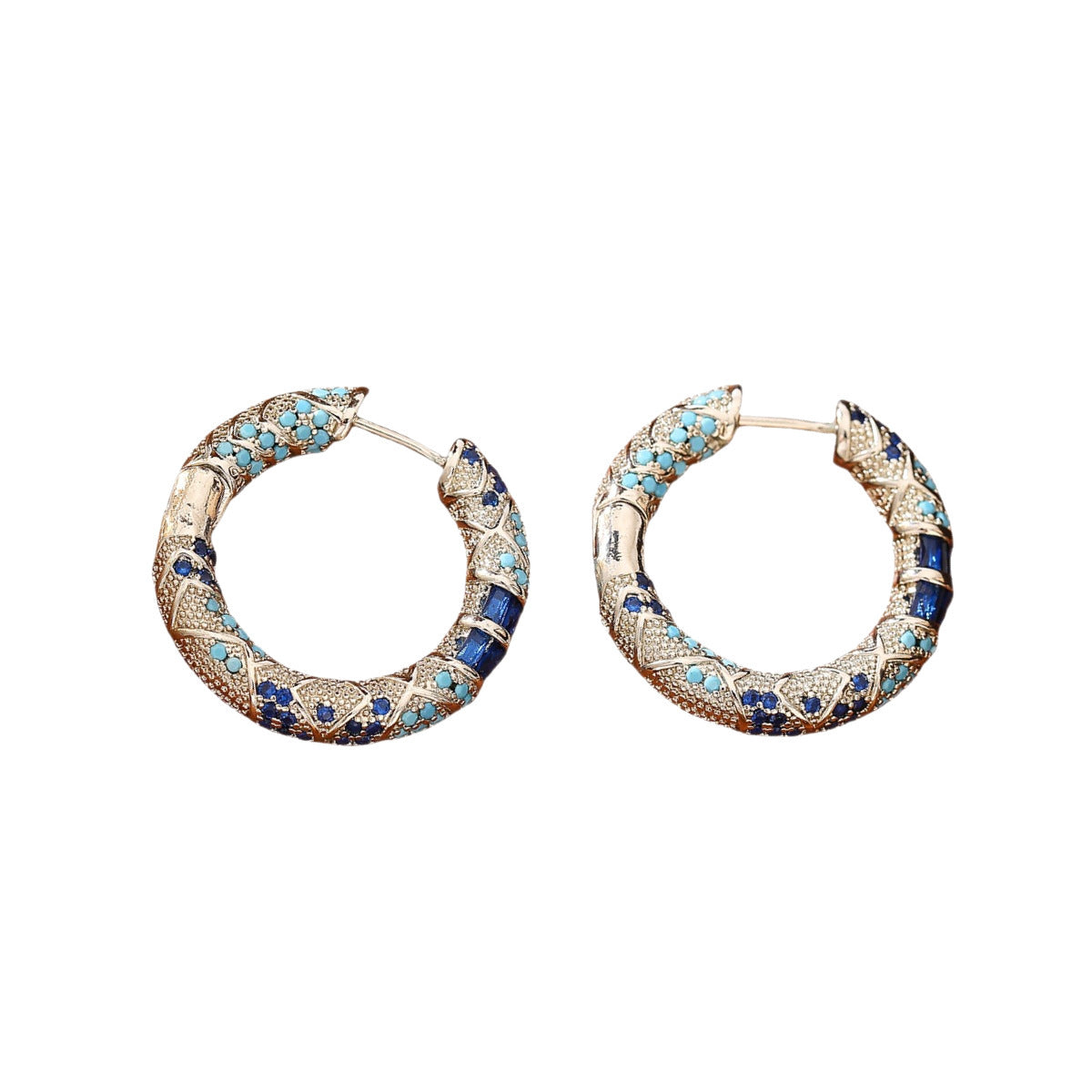 Retro Two Tone Color Block Hoop Earrings For Women In Copper With Zircon Inlay And 304 Stainless Steel Posts