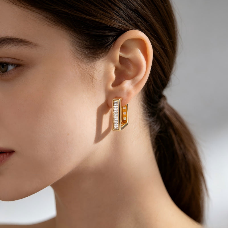 Simple Style Geometric Earrings For Women In Brass With Zircon Inlay, Electroplated Finish And 304 Stainless Steel Ear Pins