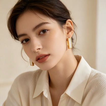 Simple Style Geometric Earrings For Women In Brass With Zircon Inlay, Electroplated Finish And 304 Stainless Steel Ear Pins