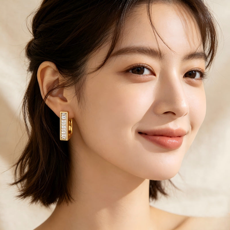 Simple Style Geometric Earrings For Women In Brass With Zircon Inlay, Electroplated Finish And 304 Stainless Steel Ear Pins