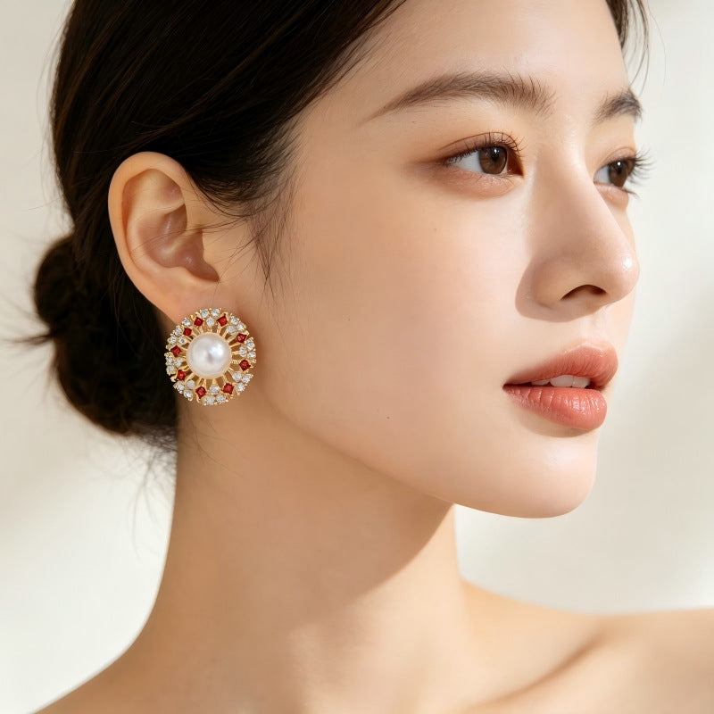Retro Geometric Stud Earrings For Women In Brass With Zircon Inlay, Electroplated Finish And 304 Stainless Steel Posts
