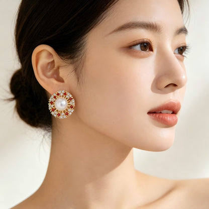 Retro Geometric Stud Earrings For Women In Brass With Zircon Inlay, Electroplated Finish And 304 Stainless Steel Posts