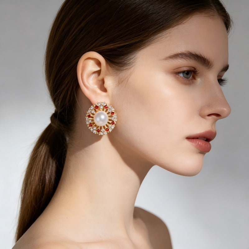 Retro Geometric Stud Earrings For Women In Brass With Zircon Inlay, Electroplated Finish And 304 Stainless Steel Posts